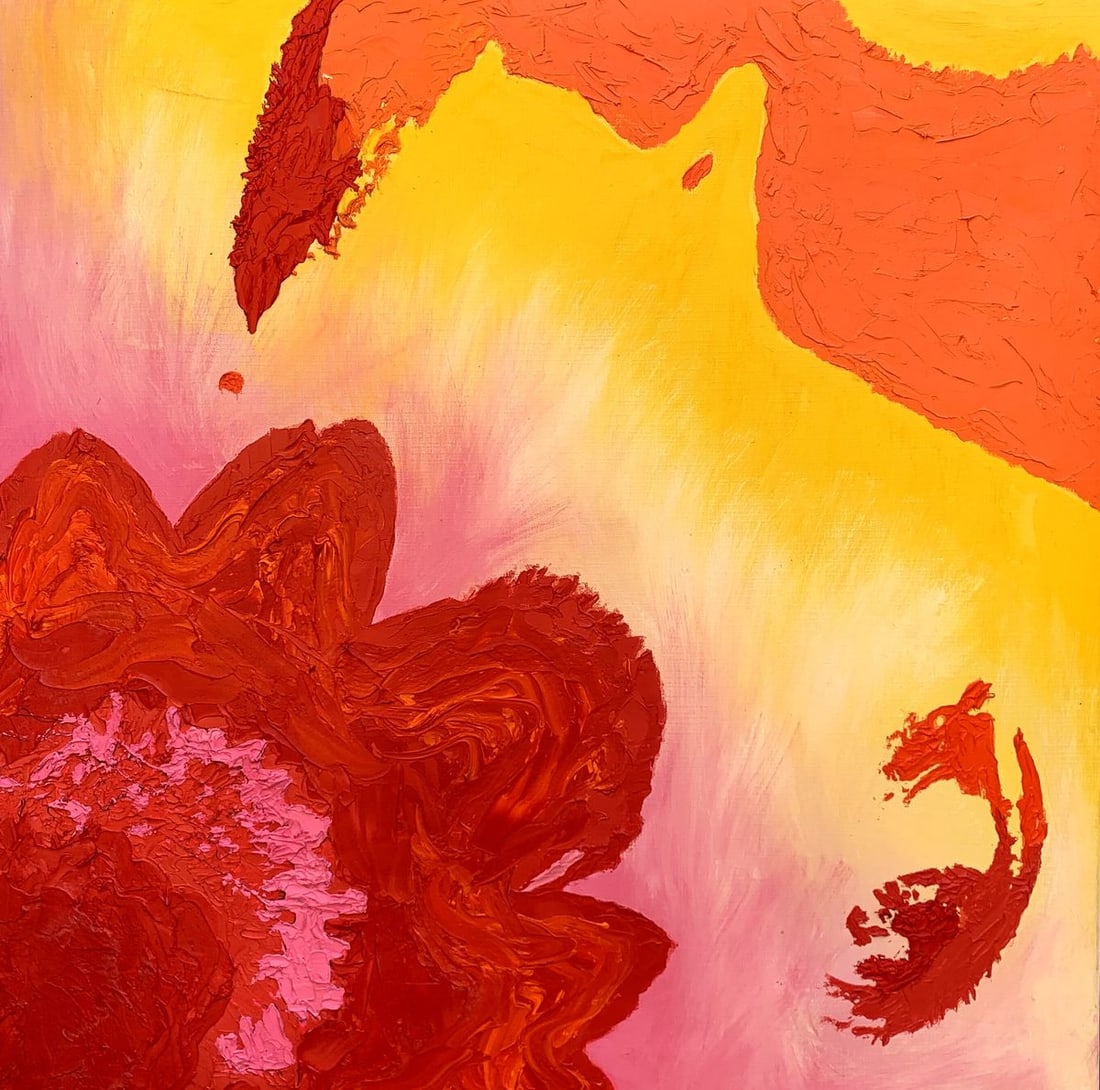 Oil painting Radiance of warmth Oleksandr Gukalov: NoAAA3252The painting "Radiance of Warmth" is an abstract oil on canvas that exudes energy and vibrancy through its use of warm, radiant colors and bold textures. The artist employs a striking palette