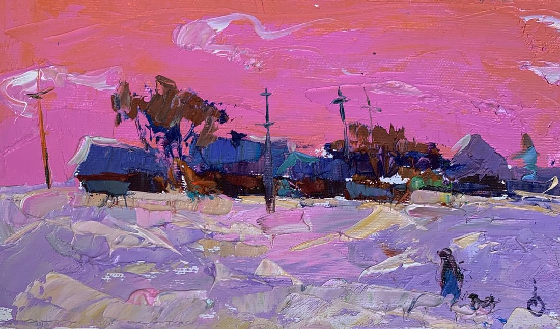 Oil painting It snowed in the evening Oksana Ivanyuk: NoAAA3275The painting "It Snowed in the Evening" is a vibrant and evocative oil on canvas piece that captures the serene yet lively atmosphere of a snowy evening landscape, bathed in the warm and colo