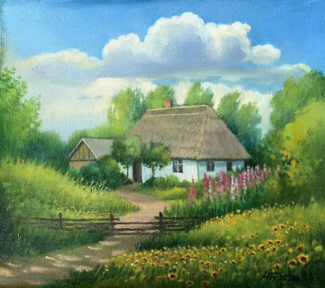 Oil painting Country coziness Mykhailo Burdylo: NoAAA3409The oil painting titled "Country Coziness" depicts a serene rural landscape, inviting the viewer to experience the tranquility and charm of countryside life. At the heart of the composition