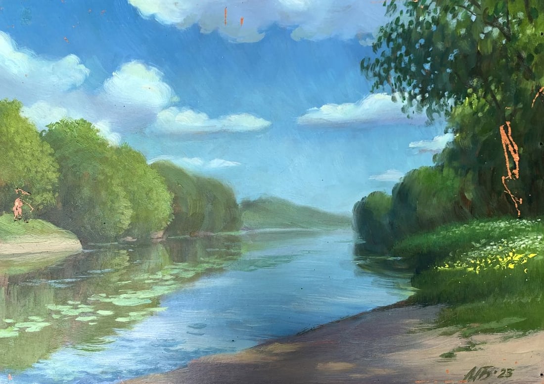 Oil painting Bright summer day Mykhailo Burdylo: NoAAA3419The oil painting titled "Bright Summer Day" depicts a peaceful riverside scene on a warm, sunny afternoon. The calm river winds through lush green landscapes, reflecting the vivid blue sky an
