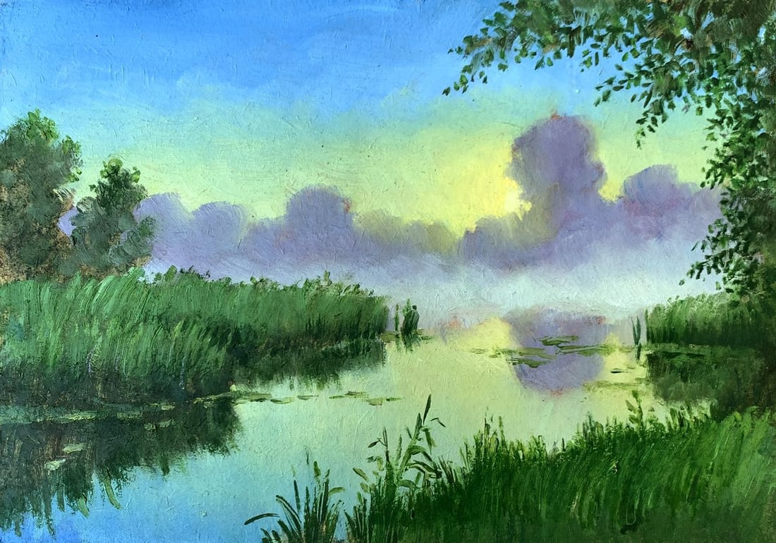 Oil painting Fog over the river Mykhailo Burdylo: NoAAA3422The painting titled "Fog Over the River" is a serene and evocative depiction of a tranquil river shrouded in morning mist. The scene captures a moment of quiet beauty, where nature seems to