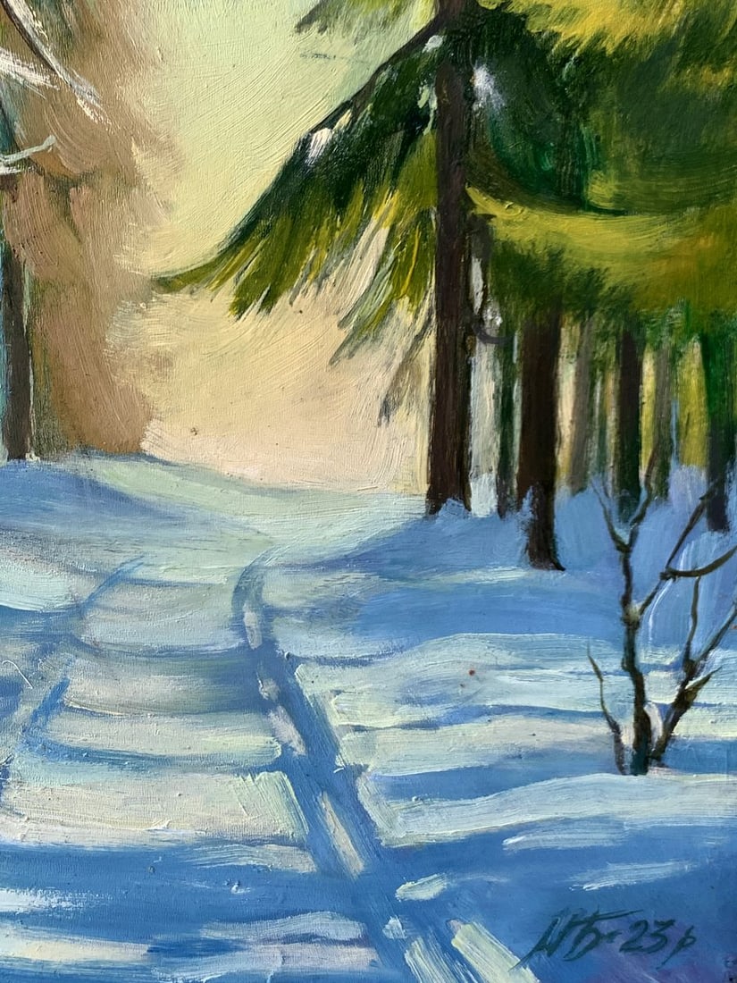 Oil painting Snowy road in the forest Mykhailo Burdylo - 11
