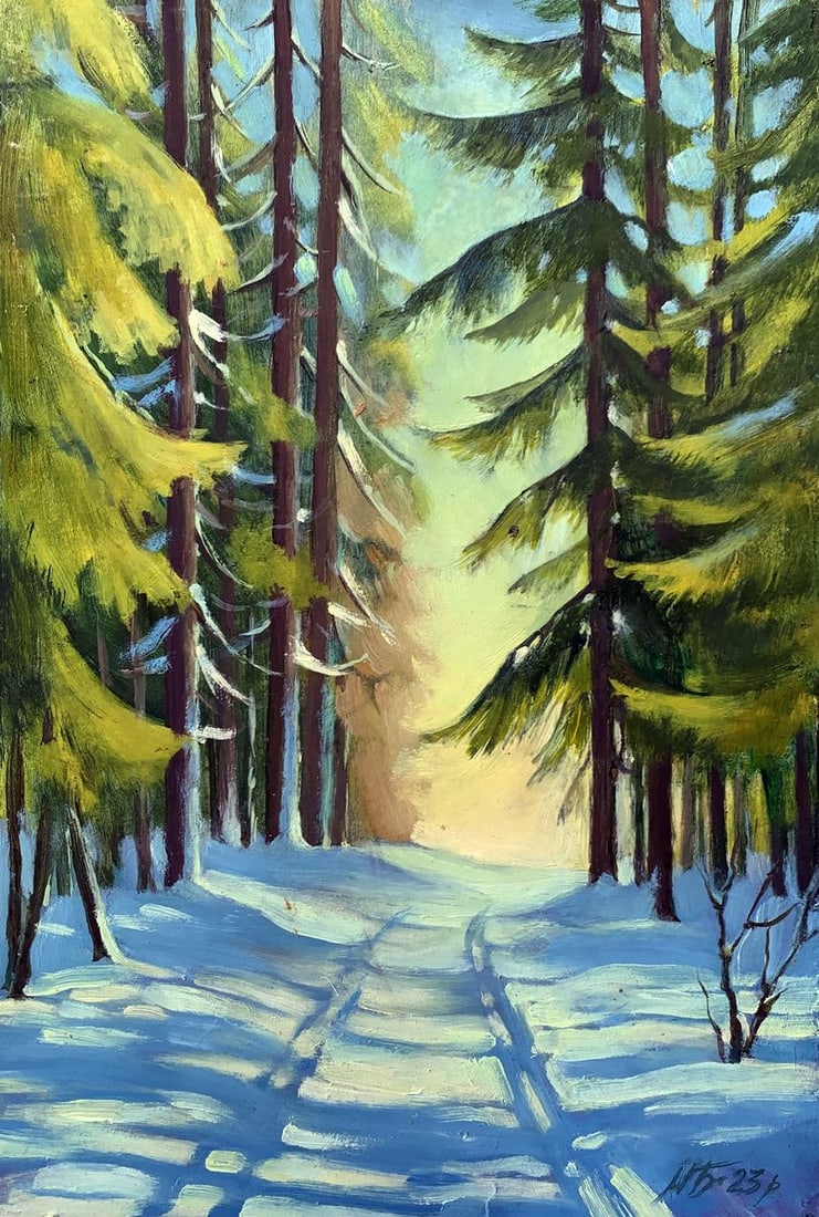 Oil painting Snowy road in the forest Mykhailo Burdylo: NoAAA3424The oil painting titled "Snowy Road in the Forest" depicts a peaceful winter scene, where a narrow path winds through a dense pine forest covered in snow. The painting invites the viewer to w