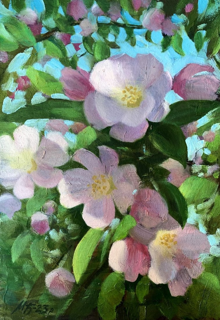 Oil painting Flowers have blossomed Mykhailo Burdylo: NoAAA3425The painting titled "Flowers Have Blossomed" radiates the freshness and vitality of spring, capturing a fleeting moment when nature awakens to its full bloom. The canvas is filled with the