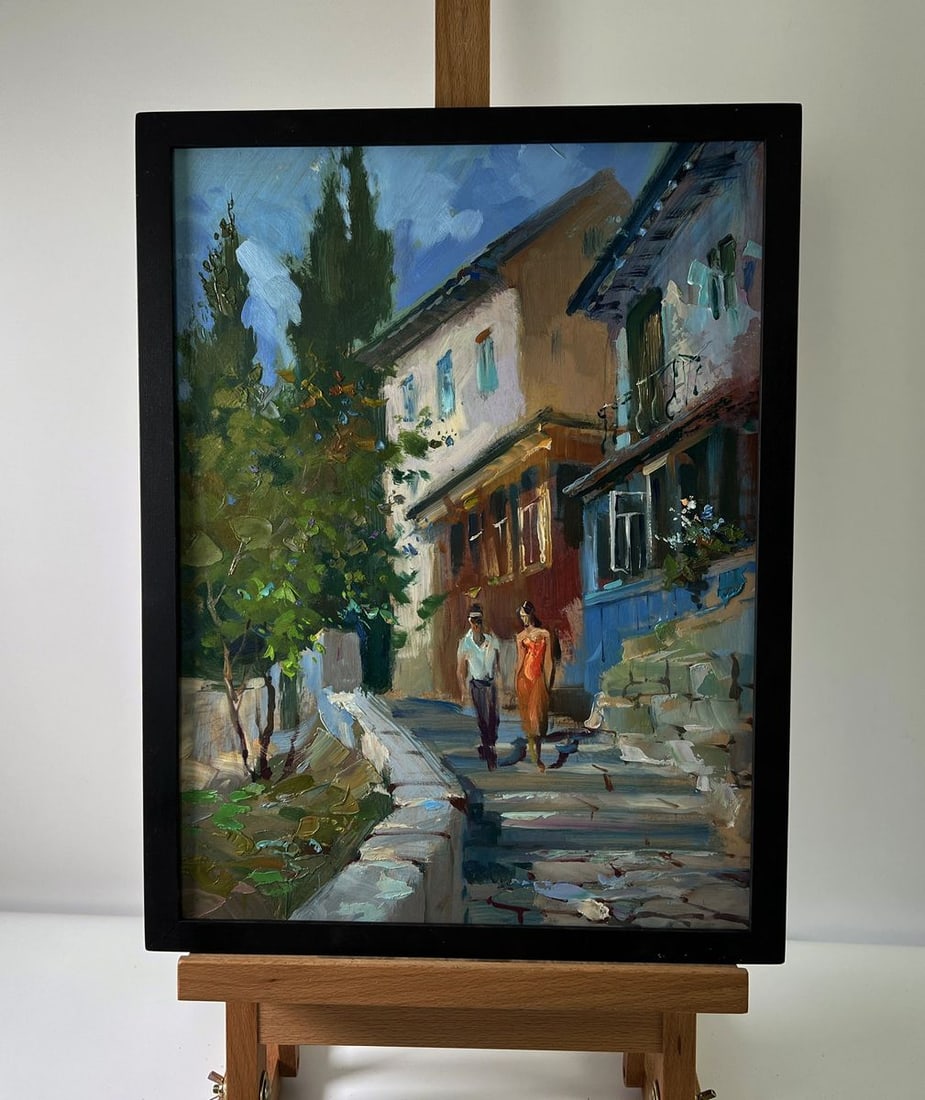 Oil painting A couple walks through the city streets Yuriy Suprunchuk: NoAAA5690The Oil painting Cardboard titled "A couple walks through the city streets" conveys a romantic and atmospheric scene, where the intimacy of human connection is framed by the charm of an old