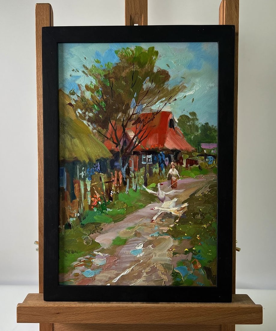 Oil painting Geese in the village Yuriy Suprunchuk: NoAAA5698The Oil painting Cardboard titled "Geese in the village" beautifully captures the rustic simplicity and lively charm of rural life, where nature, animals, and people coexist in a harmonious