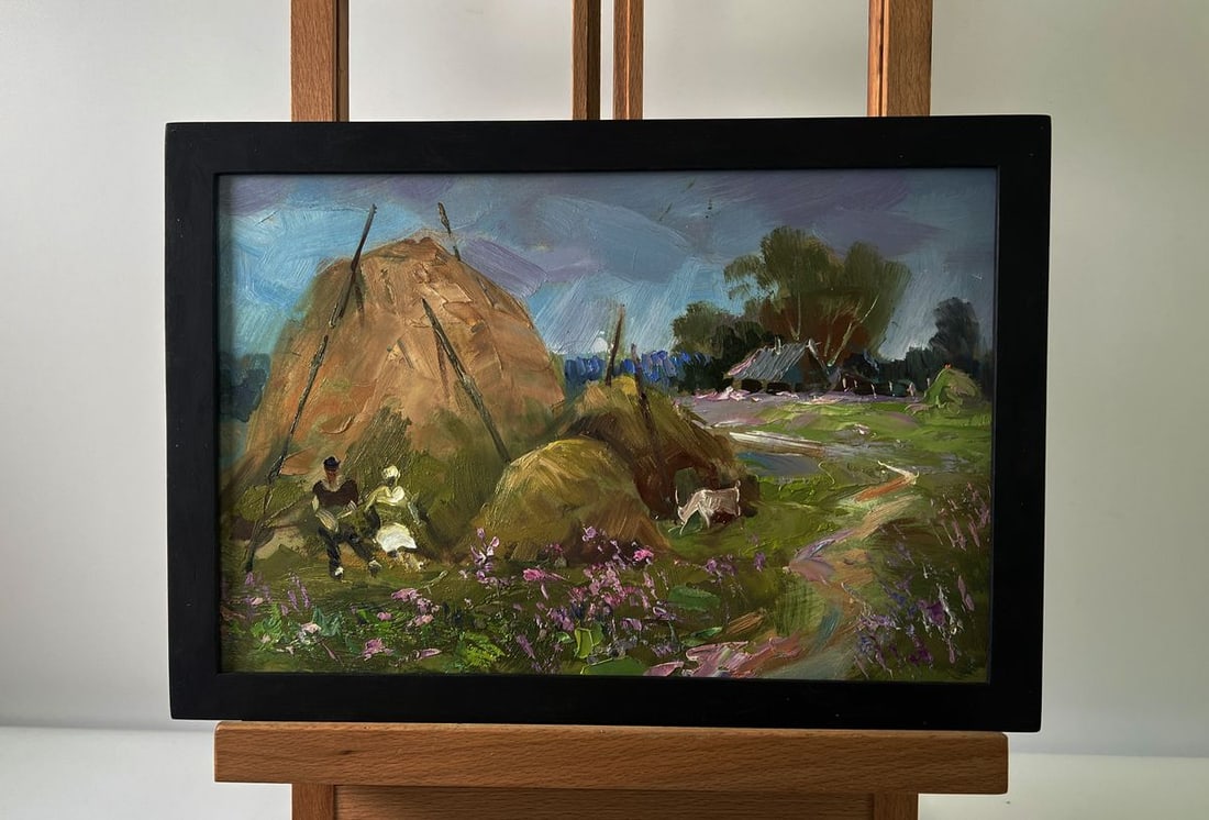 Oil painting The village was covered by a clouds Yuriy Suprunchuk: NoAAA5702The Oil painting Cardboard titled "The village was covered by a clouds" conveys a sense of rural tranquility enveloped by the dramatic presence of an overcast sky. The composition skillfully 