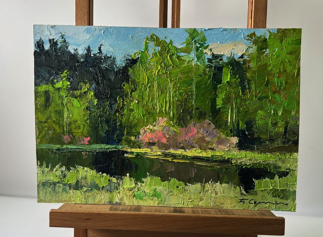 Oil painting Spring lake in the forest Boris Serdyuk: NoAAA5725The Oil painting Cardboard titled "Spring lake in the forest" captures the quiet beauty of nature awakening in spring, where light, color, and texture merge into a harmonious celebration of l