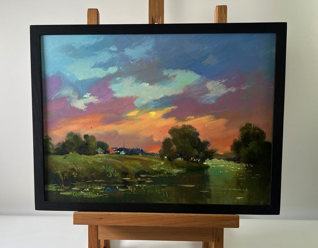 Oil painting Orange sunset over the river Yuriy Suprunchuk: NoAAA5756The Oil painting Cardboard titled "Orange sunset over the river" presents a breathtaking vision of evening tranquility, where nature's grandeur unfolds through the harmony of color, light, an