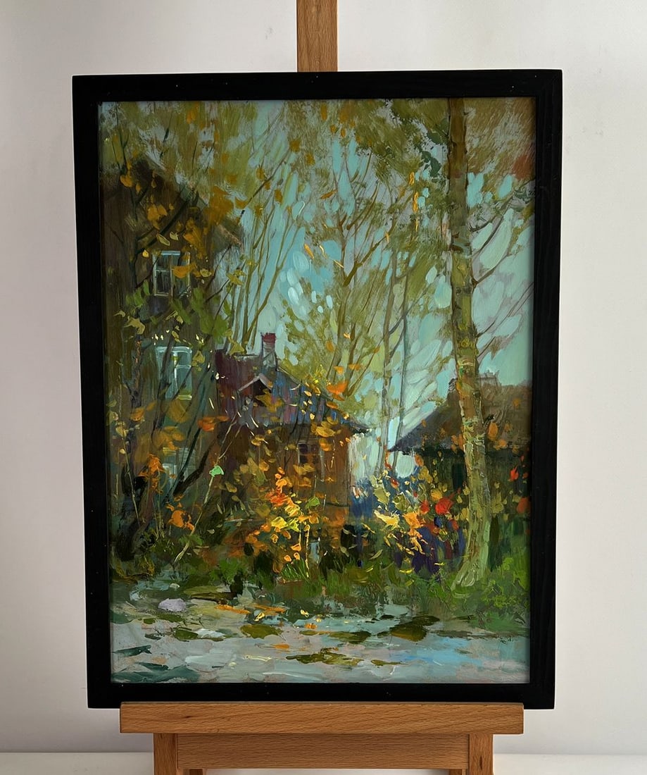 Oil painting Autumn old town street Yuriy Suprunchuk: NoAAA5973Oil painting Autumn old town street Yuriy Suprunchuk captures the poetic charm of an old village street immersed in the colors of fall. Warm golden leaves swirl through the air, contrasting