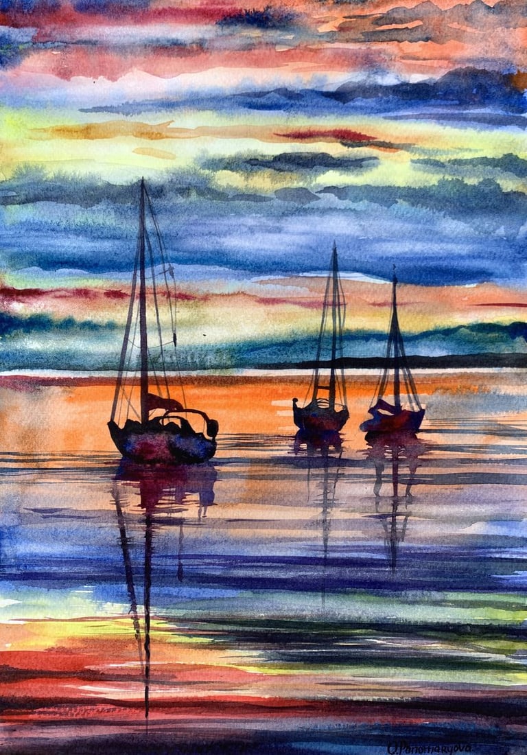 Watercolor painting Silence Olga Ponomaryva: NoAAA3456The painting "Silence", created with watercolor on paper, captures the serene beauty of a tranquil evening by the water. The composition features three silhouetted sailboats gently resting