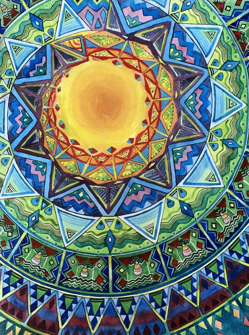 Watercolor painting Sun of joy Ivanna Yanchuk: NoAAA3459The painting titled "Sun of Joy" is a mesmerizing watercolor composition that captures the radiant energy and boundless positivity of the sun. Centered around a glowing yellow orb, the painti