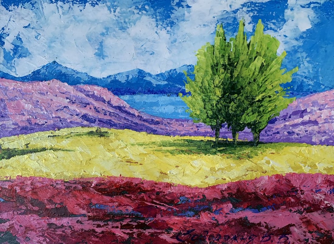 Oil painting Mountain lake and three trees V. Zadorozhnya: NoAAA3477The painting titled "Mountain Lake and Three Trees" is a serene and captivating landscape rendered in oil on cardboard. The artwork harmoniously blends vivid colors and textured brushstrokes