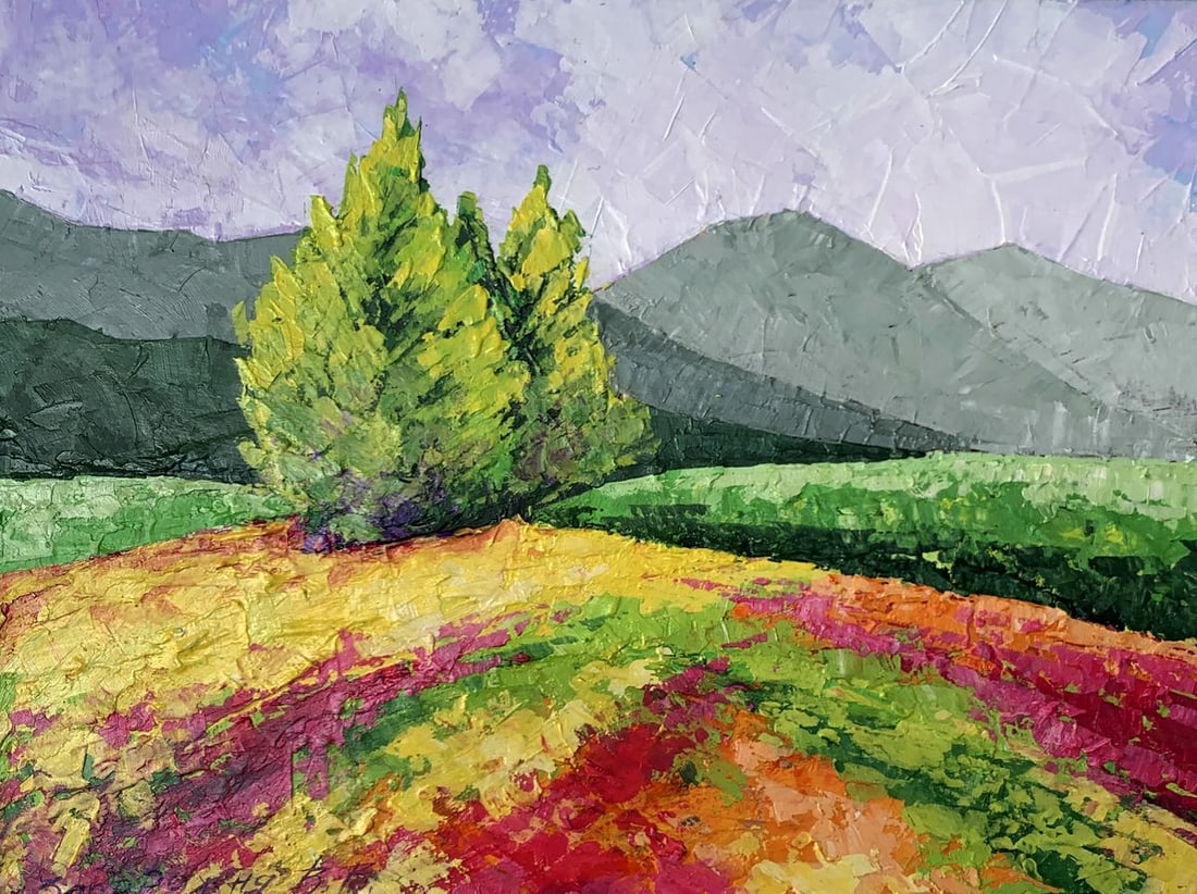 Oil painting Road to the mountains V. Zadorozhnya: NoAAA3484The painting titled "Road to the Mountains" is a vivid and serene representation of the journey through nature, leading to a tranquil mountainous landscape. Created with oil on cardboard, thi