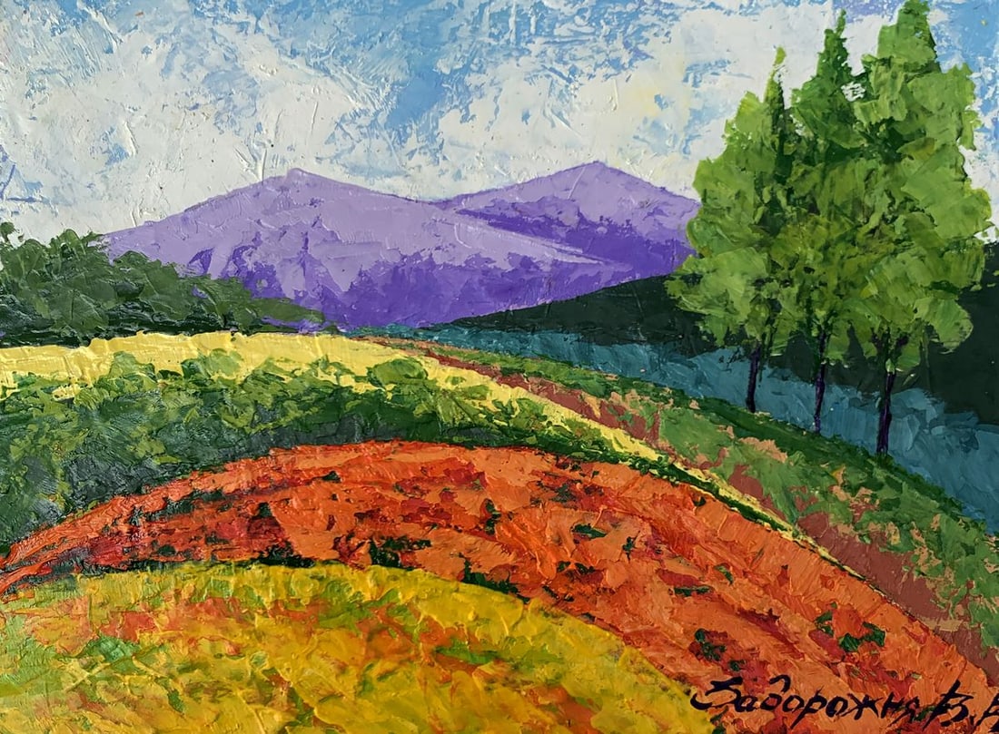 Oil painting Far away in the mountains V. Zadorozhnya: NoAAA3491The painting "Far Away in the Mountains", created with oil on cardboard, portrays a vibrant and serene landscape that invites the viewer on a journey through nature's beauty. The composition 