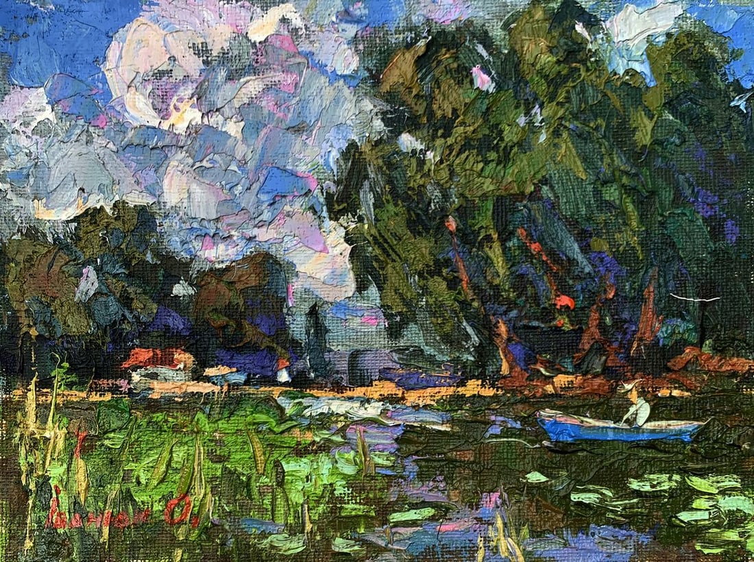 Oil painting Boating holidays Kalenyuk Alex: NoAAA3508The painting titled "Boating Holidays" is a vivid and dynamic depiction of a serene scene on a quiet waterway, capturing the timeless beauty of leisure and nature. Painted with oil on