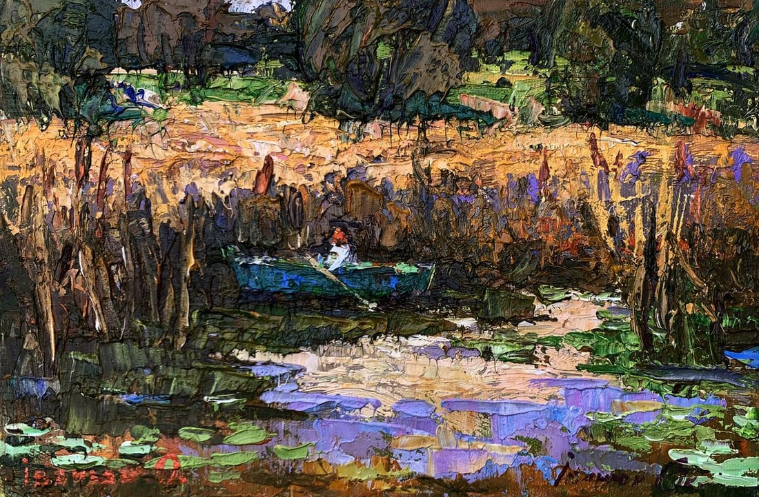 Oil painting Among the reeds Oksana Ivanyuk: NoAAA3510The painting titled "Among the Reeds" captures a serene moment in nature, where a lone figure in a small boat drifts gently through a waterway surrounded by tall, golden reeds. This oil on