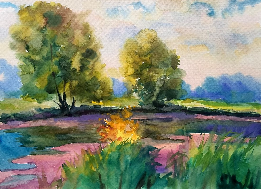 Watercolor painting Eve Serdyuk Boris Petrovich: NoSERB 960The watercolor landscape "Eve" is an expressive depiction of a serene evening in a natural setting. The painting is imbued with a sense of calm and the tranquility of dusk. At the heart of t