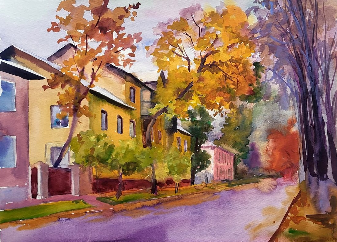 Watercolor painting Autumn in the city Serdyuk Boris Petrovich: NoSERB 966This watercolor painting, entitled "Autumn in the City," captures the charming essence of urban life as nature's palette transitions into the warm tones of fall. The scene is set along a