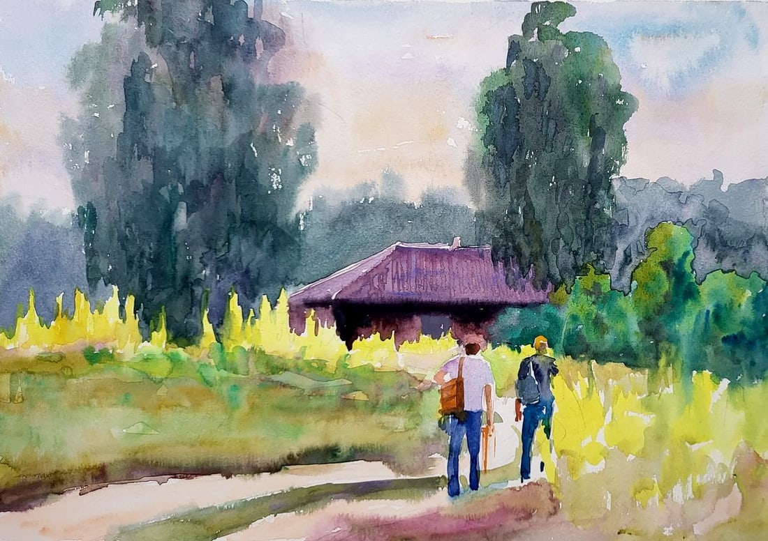 Watercolor painting After plein air Serdyuk Boris Petrovich: NoSERB 971The watercolor painting titled "After Plein Air" captures the essence of a tranquil, pastoral scene, likely after a session of painting outdoors, which is what "plein air" refers to. Two