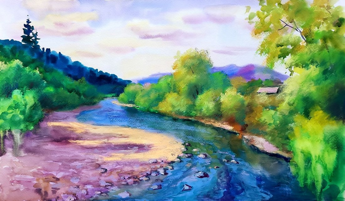 Watercolor painting River in Lviv Oblast Serdyuk Boris Petrovich: NoSERB 977This watercolor painting, titled "River in Lviv Oblast," captures the tranquil essence of a river landscape bathed in the luminous glow of natural light. The scene is dominated by the