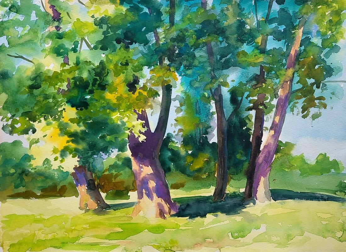 Watercolor painting Poplars Serdyuk Boris Petrovich: NoSERB 983This watercolor painting, entitled "Poplars," brings to life the vibrant and peaceful essence of a grove of poplar trees, known for their tall, slender trunks and shimmering leaves. The
