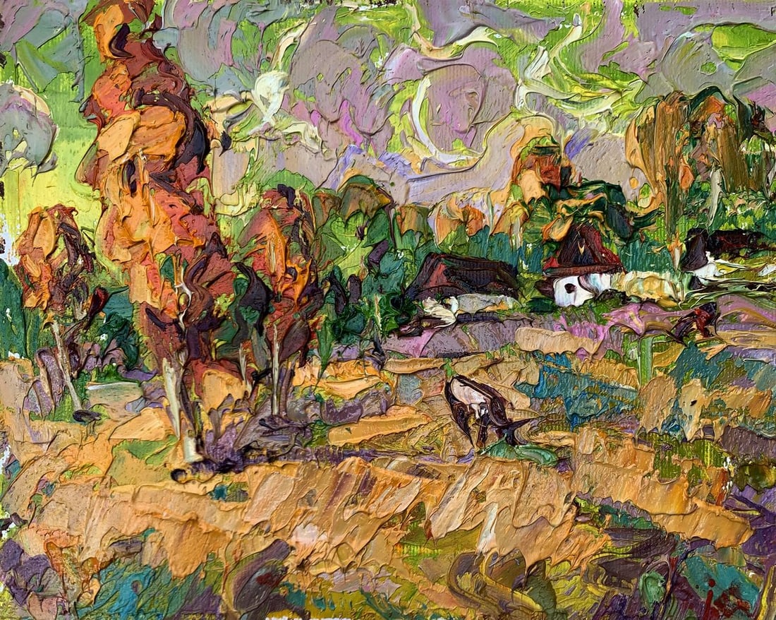 Oil painting The cows are grazing Kalenyuk Alex: NoAAA3518The painting titled "The Cows Are Grazing" captures the tranquility and charm of rural life, immersing the viewer in a vibrant, pastoral scene. Executed with a rich impasto technique, the art