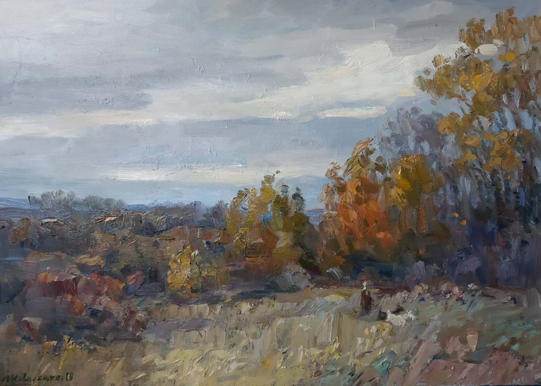 Oil painting Forest landscape Kovalenko Ivan Mikhailovich: NoKoval 16In "Autumn Rainy Day in the Forest" by Ukrainian artist Kovalenko Ivan, the landscape is characterized by a subdued color palette, emphasizing the moody, overcast sky. The scene captures the