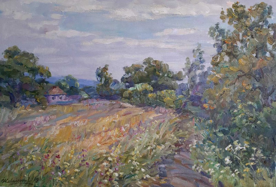 Oil painting Field Kovalenko Ivan Mikhailovich: NoKoval 43In "Field" by Kovalenko Ivan, the artist presents a peaceful rural landscape that radiates warmth and tranquility. The painting showcases a field in full bloom, with wildflowers dotting the