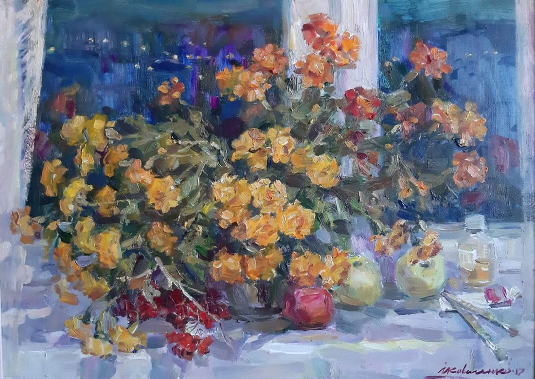 Oil painting Flowers on the windowsill Kovalenko Ivan Mikhailovich: NoKoval 56In "Flowers on the Windowsill" by Ukrainian artist Kovalenko Ivan, the artist presents a vibrant still life composition featuring bright yellow and orange flowers, resting on a windowsill, w