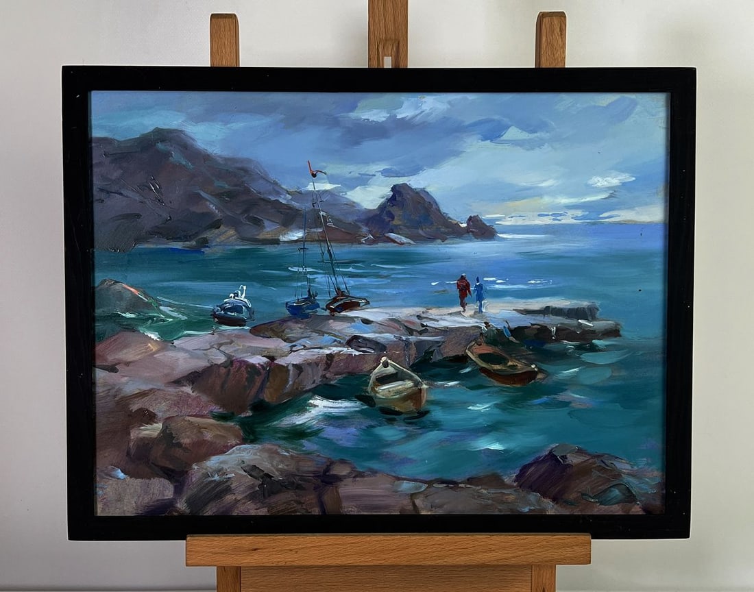 Oil painting Bridge to the sea Yuriy Suprunchuk: NoAAA5978Oil painting Bridge to the sea Yuriy Suprunchuk captures a dramatic coastal landscape where rugged rocks meet the shimmering turquoise waters. This original artwork highlights a small stone p