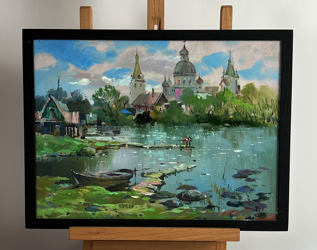 Oil painting River near the church Yuriy Suprunchuk: NoAAA5983Oil painting River near the church Yuriy Suprunchuk depicts a peaceful riverside scene filled with natural beauty and architectural charm. The artist masterfully captures the soft play of lig
