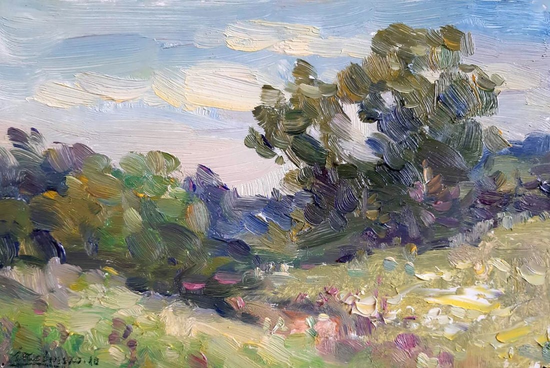 Oil painting Forest landscape Kovalenko Ivan Mikhailovich: NoKoval 73In "Landscape with Forest and Clouds" by the renowned Ukrainian artist Kovalenko Ivan, the artist captures the beauty of nature in a serene moment. The lush green trees stand against a soft