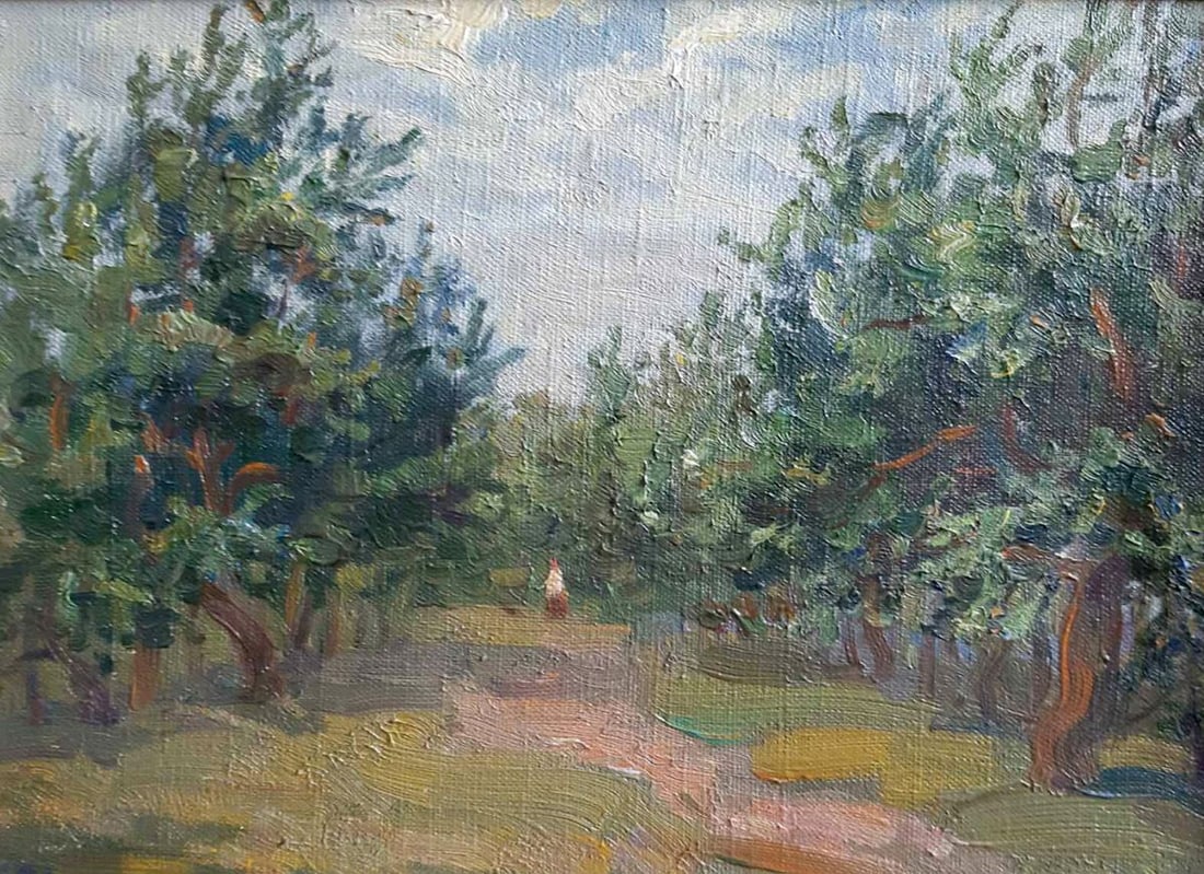 Oil painting In the woods Kovalenko Ivan Mikhailovich: NoKoval 90In "In the Woods" by Ukrainian artist Kovalenko Ivan, the painting depicts a serene path cutting through a dense forest. The trees, painted with loose yet textured brushstrokes, seem to