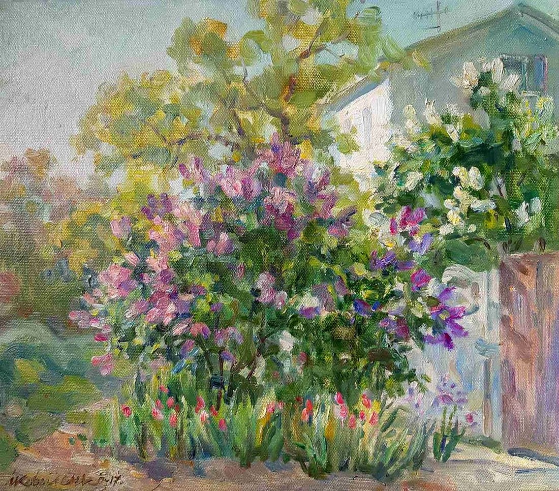 Oil painting Life outside the city Kovalenko Ivan Mikhailovich: NoKoval 120In "Life Outside the City", the artist Kovalenko Ivan captures the simple beauty of rural life. The painting showcases a lush garden filled with blooming lilacs and vibrant greenery, with