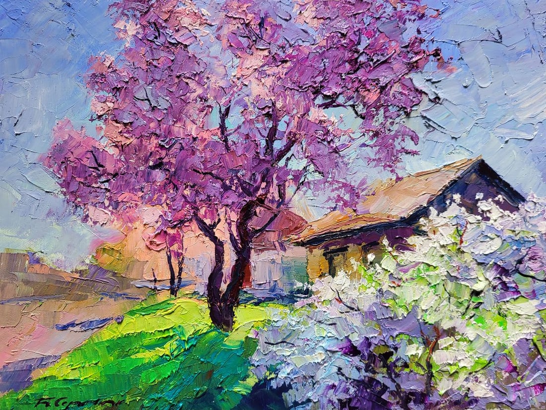Oil painting May Boris Serdyuk: NoSERB 1120The painting titled "May" captures the beauty and charm of a blossoming spring day in a rural setting. The centerpiece of the composition is a tall tree covered in lush pink blossoms, symbo