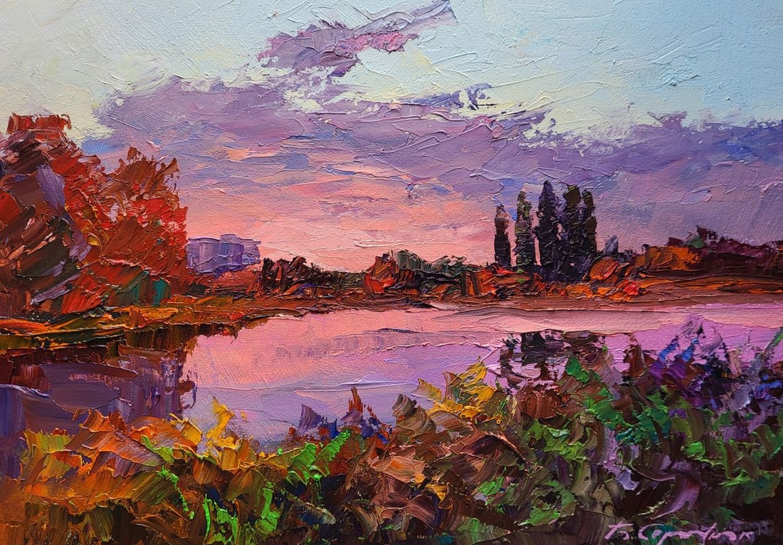 Oil painting Sunset over the river Boris Serdyuk: NoSERB 1166The oil painting on canvas titled "Sunset over the River" masterfully captures the tranquil beauty of nature bathed in the warm, fading light of day. With rich impasto textures and expressi