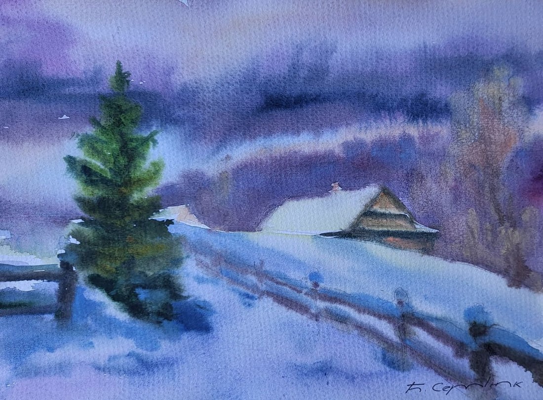 Watercolor painting Silence of a snowy day Boris Serdyuk: NoSERB 1199The Watercolor painting on Paper titled "Silence of a Snowy Day" captures the ethereal beauty of a winter landscape steeped in stillness and tranquility. The scene unfolds with an almost me