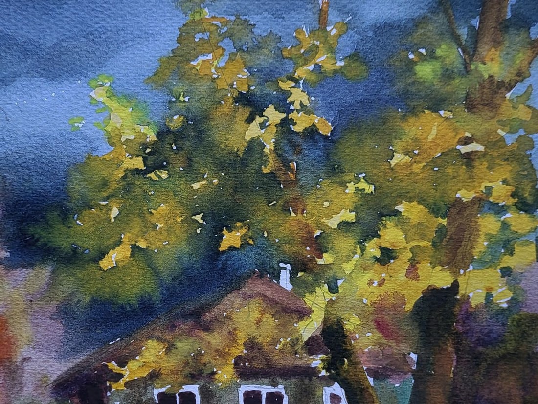Watercolor painting Leaves at the doorstep Boris Serdyuk - 5