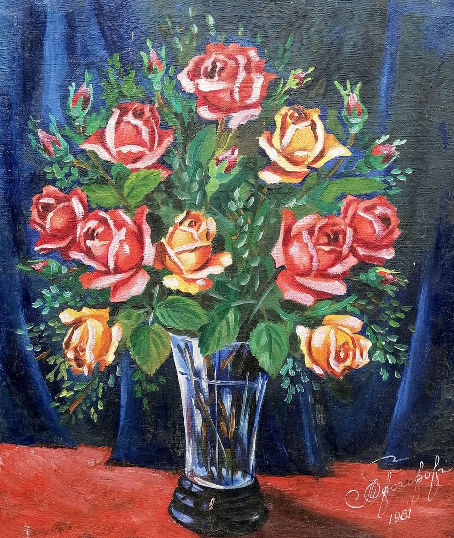 Oil painting Still life with a rose Unknown artist: No1127*** ABOUT THIS PAINTING **** TITLE: "Still life with a rose"* ARTISTS: Unknown artist* SIZE: 55x65 cm/'21.65x25.59 inches'* MEDIUM: oil, canvas* HAND PAINTED: Original painting from our