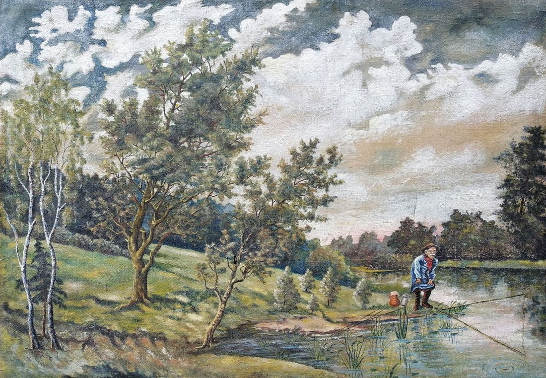 Oil painting Fishing Unknown artist: No1130*** ABOUT THIS PAINTING **** TITLE: "Fishing"* ARTISTS: Unknown artist* SIZE: 53x76 cm/'20.86x29.92 inches'* MEDIUM: oil, canvas* HAND PAINTED: Original painting from our collection* CONDITION: