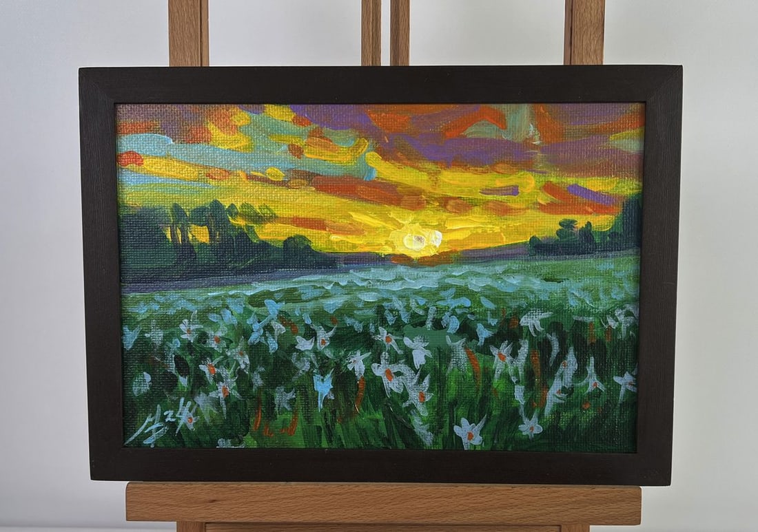 Acrylic painting Chamomile field at sunset Mykhailo Patskan: NoAAA4812The acrylic painting on cardboard titled "Chamomile Field at Sunset" captures the mesmerizing beauty of nature as day transitions into night. The scene is bathed in the warm, golden light of