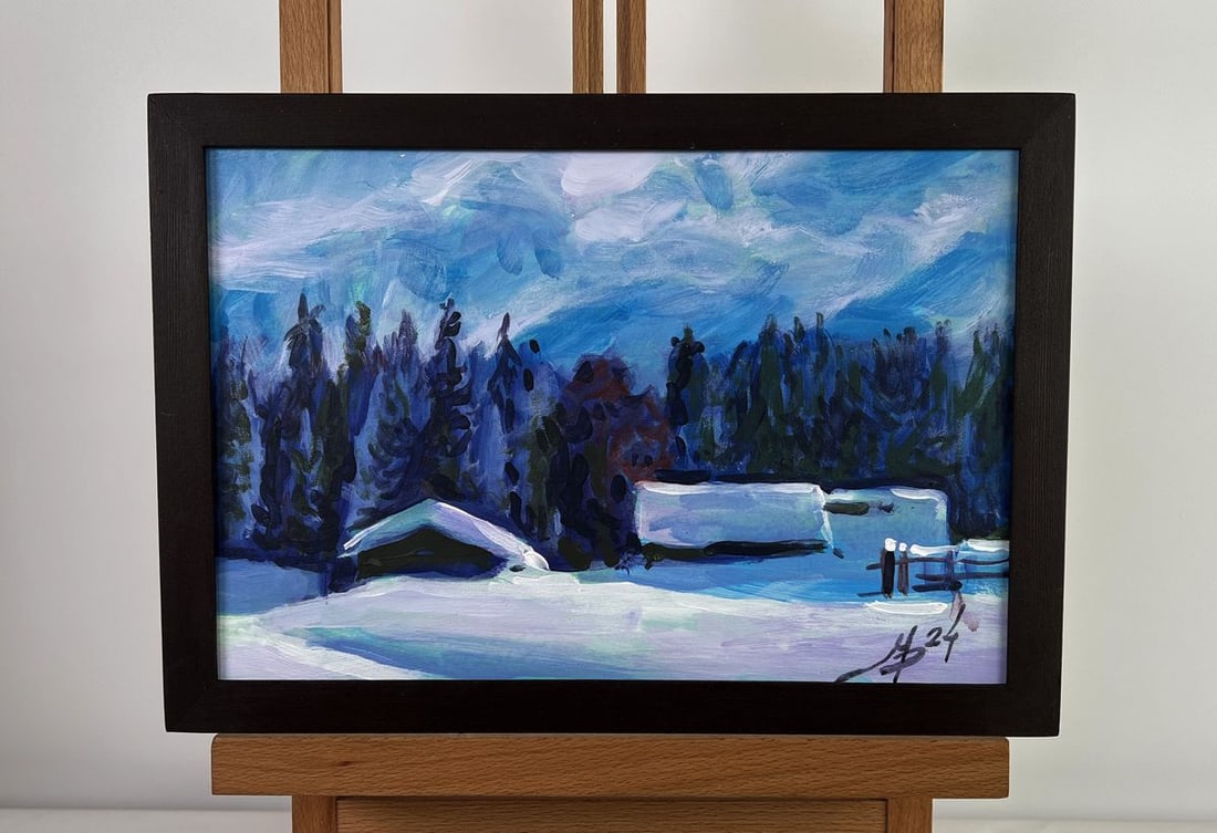 Acrylic painting Village Winter Tale Mykhailo Patskan: NoAAA4823The acrylic painting on cardboard titled "Village Winter Tale" captures the serene and magical atmosphere of a remote village blanketed in thick, untouched snow. The composition transports