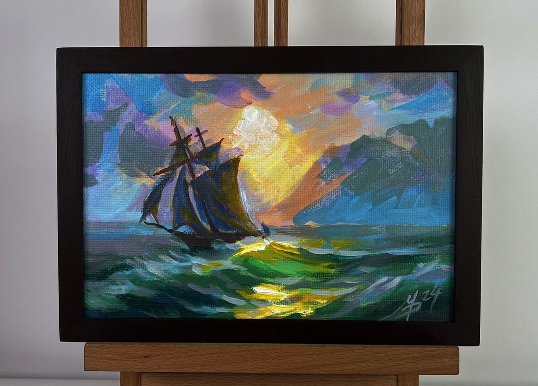 Acrylic painting The Ship and the Fiery Horizon Mykhailo Patskan: NoAAA4850The acrylic painting on cardboard titled "The Ship and the Fiery Horizon" is a striking depiction of a majestic vessel sailing towards a luminous and dramatic sunset. The composition is rich