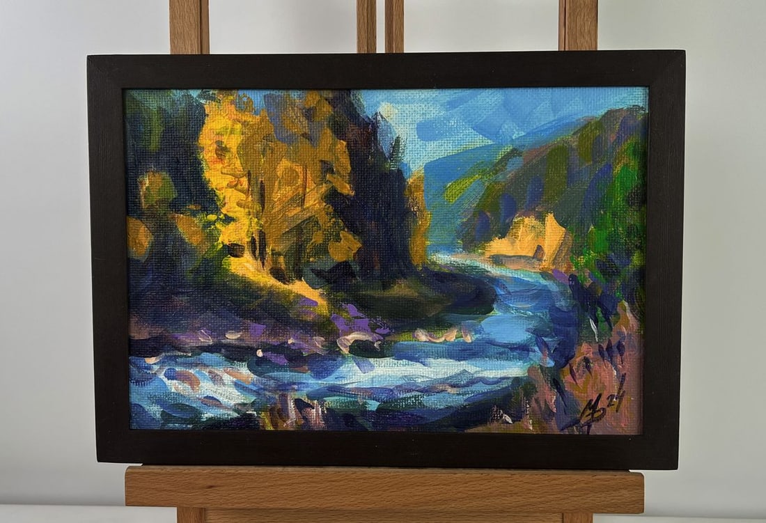 Acrylic painting Fast river in the forest Mykhailo Patskan: NoAAA4901The acrylic painting on cardboard titled "Fast River in the Forest" captures the raw energy and dynamic flow of a river as it rushes through a vibrant woodland landscape. Using a palette rich