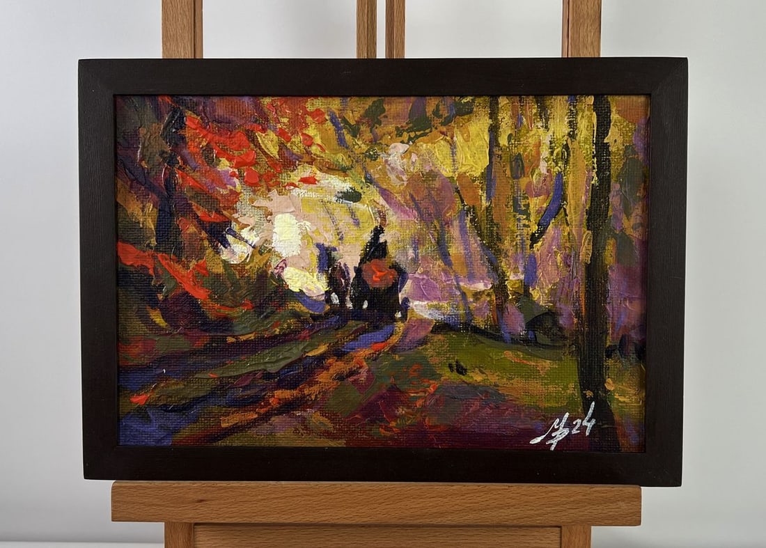 Acrylic painting Preparing firewood Mykhailo Patskan: NoAAA4905The acrylic painting on cardboard titled "Preparing Firewood" captures an intimate and atmospheric glimpse into the rhythms of rural life, set against the vivid backdrop of an autumn forest.