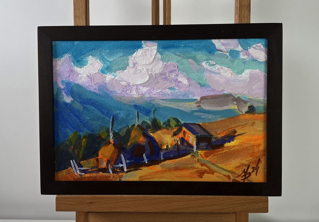 Acrylic painting House in the mountains Mykhailo Patskan: NoAAA4923The acrylic painting on cardboard titled "House in the Mountains" radiates warmth, serenity, and a profound sense of connection to nature. It captures a moment of stillness in a highland sett