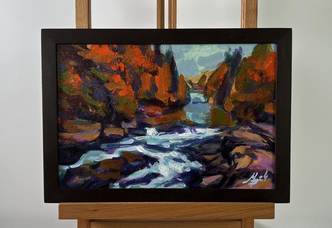 Acrylic painting Mountain river Mykhailo Patskan: NoAAA4925The acrylic painting on cardboard titled "Mountain River" is a vivid celebration of nature's raw energy and the serene yet powerful rhythm of flowing water through rugged terrain. The composi