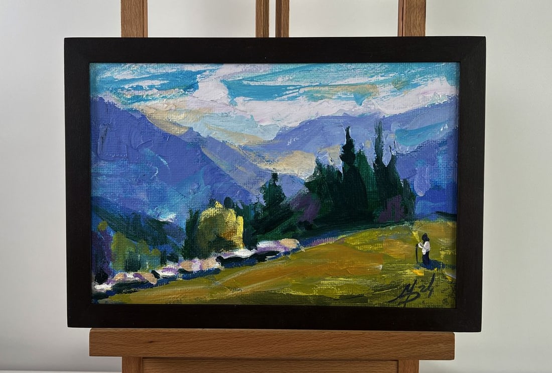 Acrylic painting In the mountain meadows Mykhailo Patskan: NoAAA4937The acrylic painting on cardboard titled "In the Mountain Meadows" radiates peace, freedom, and a deep reverence for nature. With swift, expressive brushstrokes and a rich palette of colors, 