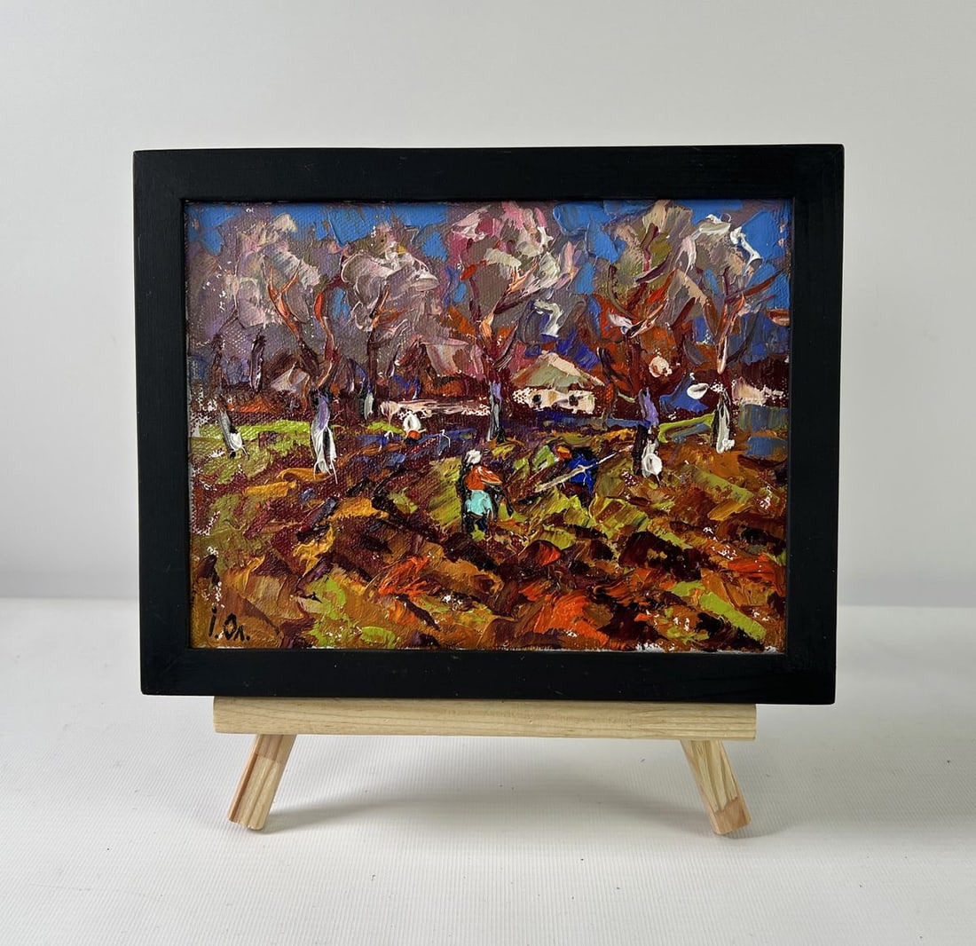 Oil painting Waking garden beds Oleksiy Ivanyuk: NoAAA5246The oil painting on Canvas titled "Waking Garden Beds" offers a vivid portrayal of early spring labor in a rural village garden, infused with warmth, life, and the palpable energy of a reawak